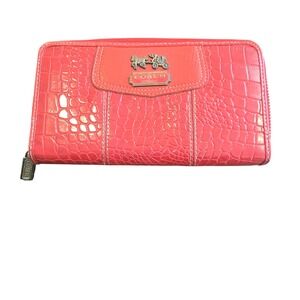 Coach Red Croc Embossed Leather Accordion Zip Around Wallet Horse Carriage Logo